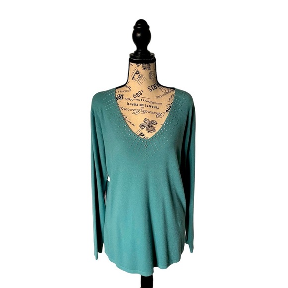 teal XL sweater with metal-look detail. Villa Milano pagoda blue - Picture 1 of 14